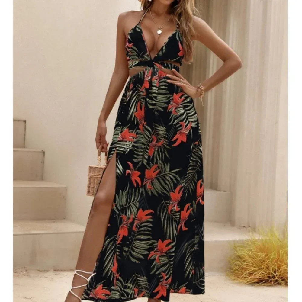 Tropical print thigh slit maxi dress - Picture 2 of 7